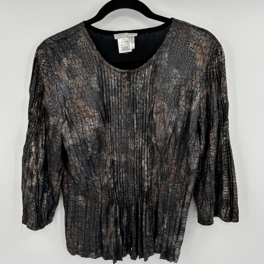 Alberto Makali Pleated Snake Skin Print 3/4 Sleeve Zipper Front Top Large